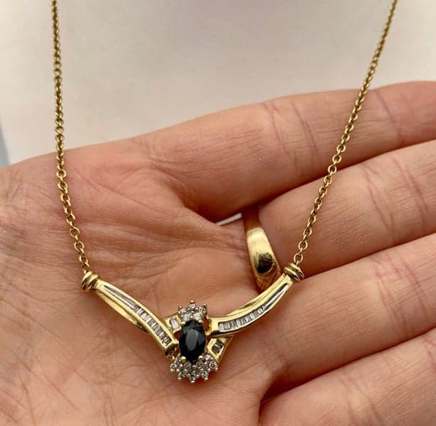10ct Yellow Gold Diamond Baguette &amp; Sapphire Necklace ~ $3,800!
