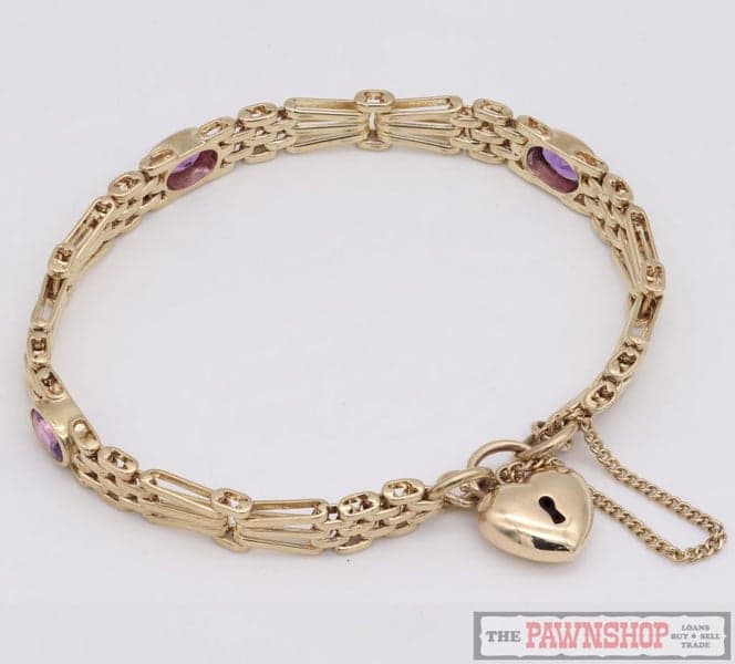 9ct Yellow Gold Amethyst Set Gate Bracelet with Puffed Heart Padlock ~ $5,900