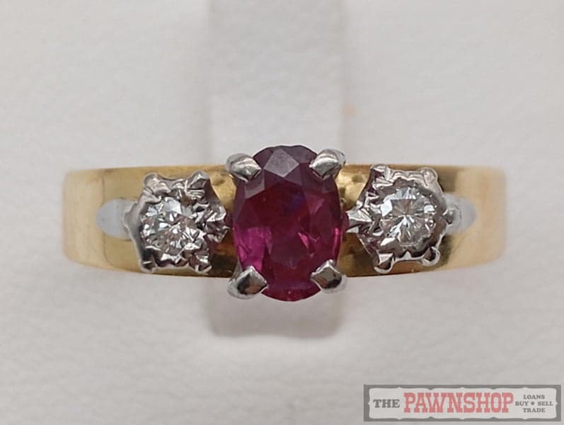 Ruby and Diamond Three Stone Ring in 18ct Yellow Gold $4,200