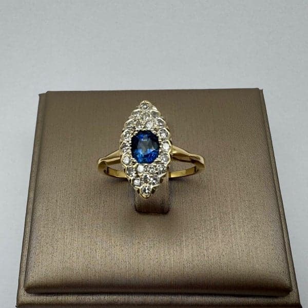18ct Yellow Gold Sapphire &amp; Diamond Marquise Shaped Cluster Ring ~ $5,000!