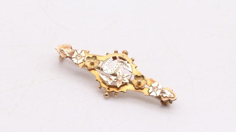 Vintage 9ct Rose &amp; Yellow Gold Horseshoe Forget Me Not Sweetheart Brooch ~ 1.70g