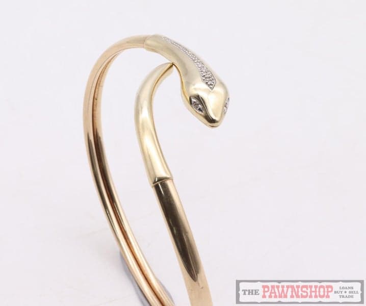 9kt Yellow Gold Snake Serpent Bangle Cuff with Diamonds ~ 7.60g