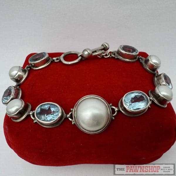 13.80ct Aquamarine &amp; Mabe Pearl Sterling Silver Bracelet ~ $5,900!