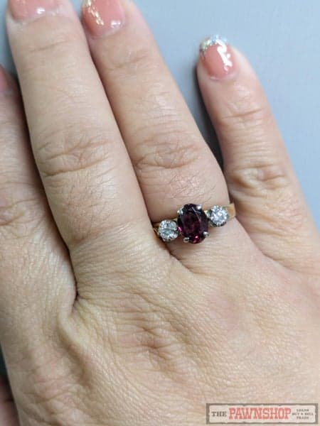 Three Stone 1.00ct Garnet and 0.25ct TDW Diamond Ring in 18ct Yellow Gold $6,300
