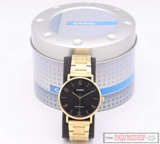 Casio MTP-VT01G-1B Classic Analog Watch Goldtone in Tin ~ Like New