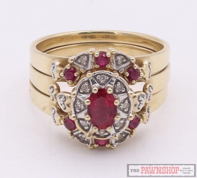 10ct Yellow Gold Michael Hill Created Ruby and Diamond Ring Set of Three