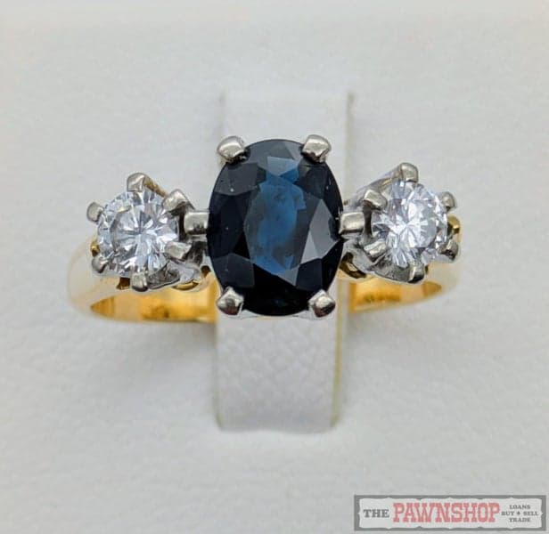 1.25ct Sapphire and 0.44ct Diamond Three Stone Ring in 18ct Yellow Gold $11,200